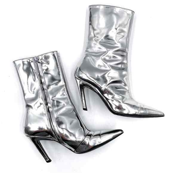 BALENCIAGA Slash Metallic Silver Boots Mirror Leather Pointed Toe Sz 36 / 6 US - Picture 2 of 11